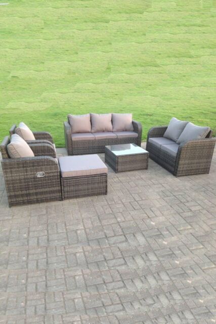 Fimous Rattan Garden Furniture Set Lounge Sofa Reclining Chair Love Sofa Footstool in Dark Grey - image 1