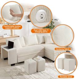 BTM L Shaped Sofa Bed USB Charging Storage Convertible Corner Sofa in Beige - thumbnail 6