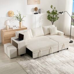 BTM L Shaped Sofa Bed USB Charging Storage Convertible Corner Sofa in Beige - thumbnail 1