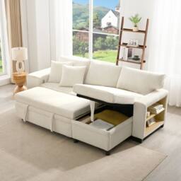 BTM L Shaped Sofa Bed USB Charging Storage Convertible Corner Sofa in Beige - thumbnail 5