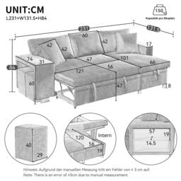 BTM L Shaped Sofa Bed USB Charging Storage Convertible Corner Sofa in Beige - thumbnail 9