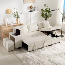 BTM L Shaped Sofa Bed USB Charging Storage Convertible Corner Sofa in Beige - thumbnail 2