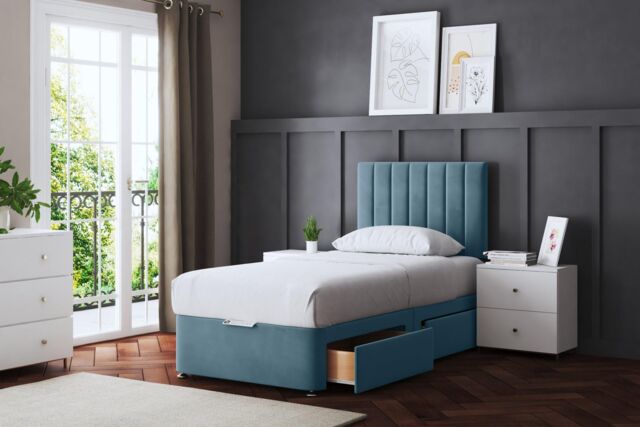 DS Living Amelia Upholstered Metallic Blue Panel 4 Draw Divan Bed with Headboard - Size: Super King - image 1