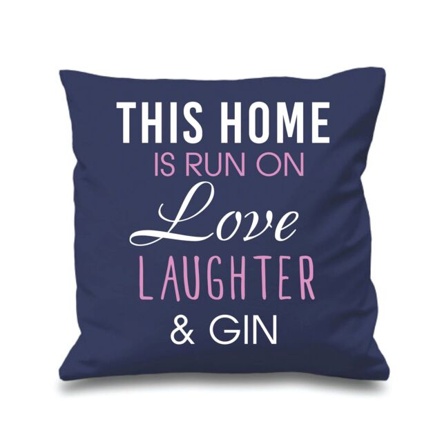 "60 SECOND MAKEOVER Navy Cushion Cover This Home Is Run By Love Laughter & Gin 16"" x 16"" Mum Friend Gift Decorative Cushion Home - Size: 40 cm x 40 cm"