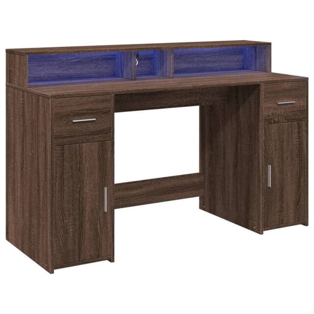 Berkfield Home Soft Desk with LED Lights Brown Oak 140x55x91 cm Engineered Wood - Size: 140 x 55 x 91 cm