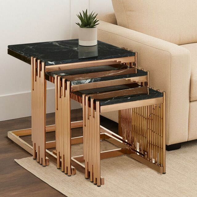 Orsina Durable Design Set Of 3 Square Nesting Tables, Luxurious Small Side Table By Couch, Functional Bedside Table in Gold - image 1