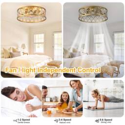 NIVOR 4 Light Gold Crystal Caged Ceiling Fan with Remote/APP Reversible E27 - thumbnail 3