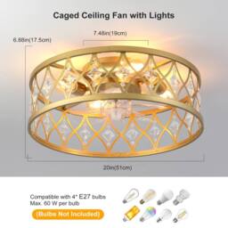 NIVOR 4 Light Gold Crystal Caged Ceiling Fan with Remote/APP Reversible E27 - thumbnail 2