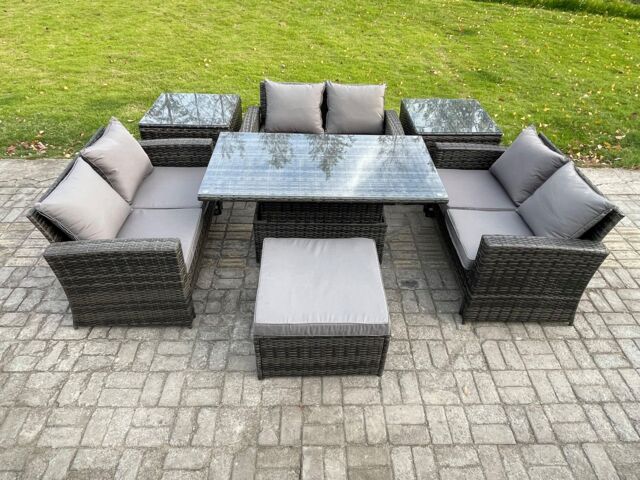 Fimous 7 pieces Outdoor Lounge Sofa Set Wicker PE Rattan Garden Furniture Set with Rising Lifting Table Double Seat Sofa in Dark Grey - image 1