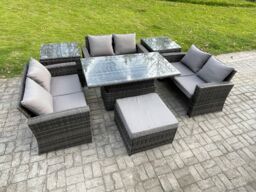 Fimous 7 pieces Outdoor Lounge Sofa Set Wicker PE Rattan Garden Furniture Set with Rising Lifting Table Double Seat Sofa in Dark Grey - thumbnail 2