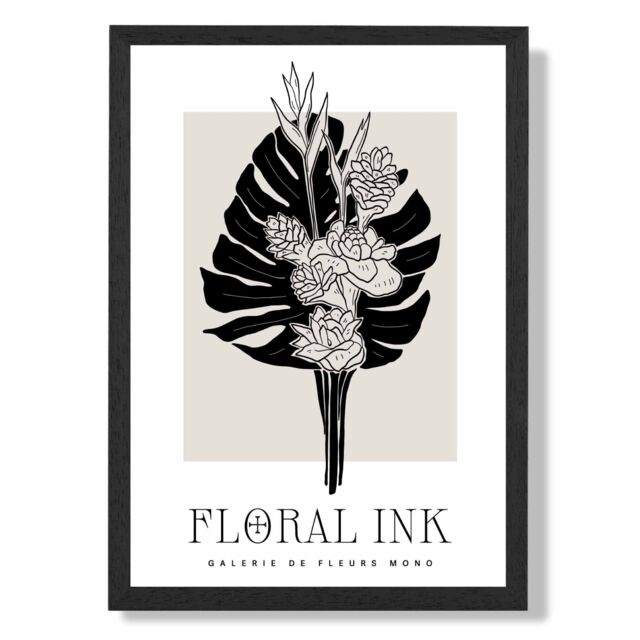 ARTZE Tropical Bouquet in Black & Beige Floral Ink Sketch Framed Print SIZE: A3 with Black Frame - Size: A4 - image 1