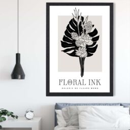 ARTZE Tropical Bouquet in Black & Beige Floral Ink Sketch Framed Print SIZE: A3 with Black Frame - Size: A4 - thumbnail 2