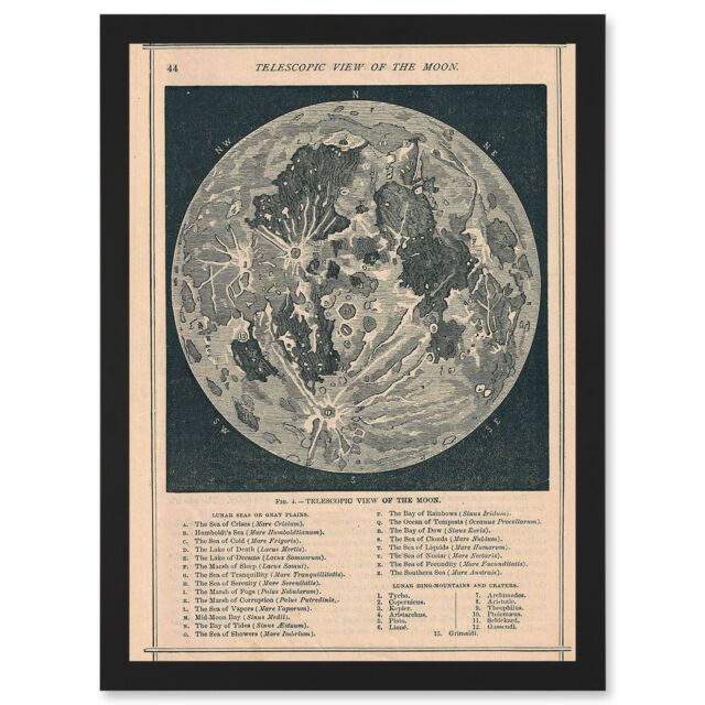 Artery8 Map Illustrated Antique Telescopic Moon A4 Artwork Framed Wall Art Print in Black - image 1