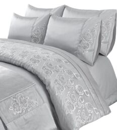 Snug City Duvet Cover & Pillowcase Set Embroided Luxury Design Polyester Linen in Silver - Size: Super King - thumbnail 2