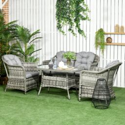 OUTSUNNY 4 PCS Rattan Garden Furniture, Padded Cushions Conversation Sofa Set in Grey - thumbnail 1