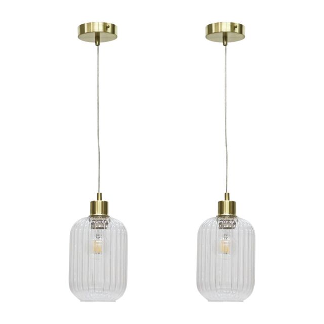 First Choice Lighting Set of 2 Batley - Clear Ribbed Glass with Satin Brass Pendant Fittings - image 1