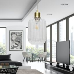First Choice Lighting Set of 2 Batley - Clear Ribbed Glass with Satin Brass Pendant Fittings - thumbnail 5