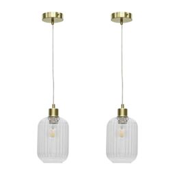 First Choice Lighting Set of 2 Batley - Clear Ribbed Glass with Satin Brass Pendant Fittings - thumbnail 1