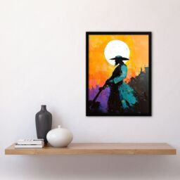 "Artery8 Wild West Sunset Desperado Cowboy Concept Art Framed Art Print in Orange - Size: W12"" x H16""" - thumbnail 4