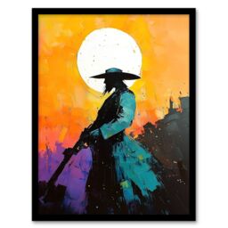 "Artery8 Wild West Sunset Desperado Cowboy Concept Art Framed Art Print in Orange - Size: W12"" x H16""" - thumbnail 1