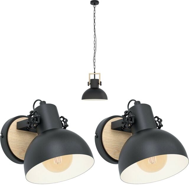 Loops Ceiling Pendant Light & 2x Matching Wall Lights Black & Wood Industrial Shade - image 1
