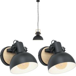 Loops Ceiling Pendant Light & 2x Matching Wall Lights Black & Wood Industrial Shade - thumbnail 1