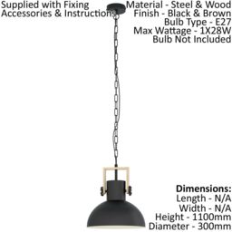 Loops Ceiling Pendant Light & 2x Matching Wall Lights Black & Wood Industrial Shade - thumbnail 2