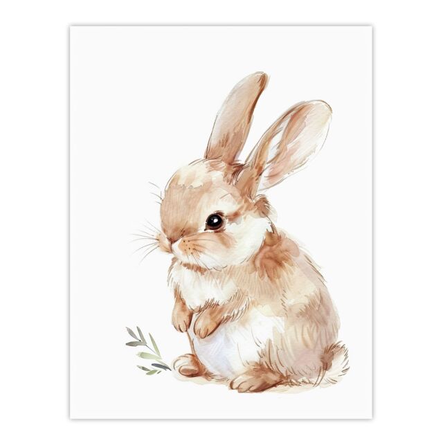 "Artery8 Adorable Fluffy Baby Bunny Animal Watercolour Wall Art Print in Beige - Size: W24"" x H32""" - image 1