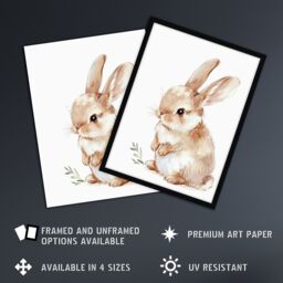 "Artery8 Adorable Fluffy Baby Bunny Animal Watercolour Wall Art Print in Beige - Size: W24"" x H32""" - thumbnail 2