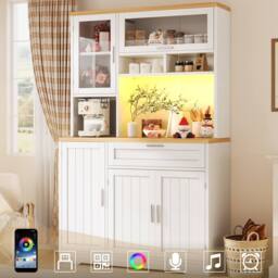 BTM Tall Display Cabinet with LED Lighting for Kitchen & Living Room in White