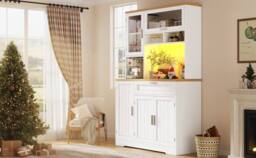 BTM Tall Display Cabinet with LED Lighting for Kitchen & Living Room in White - thumbnail 6