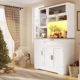 BTM Tall Display Cabinet with LED Lighting for Kitchen & Living Room in White - thumbnail 4