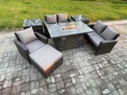 Fimous Rattan Outdoor Garden Furniture Gas Fire Pit Table Sets Gas Heater with Love Sofa Armchair 2 Side Tables Big Footstool 6 Seater in Dark Grey - thumbnail 2