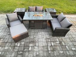 Fimous Rattan Outdoor Garden Furniture Gas Fire Pit Table Sets Gas Heater with Love Sofa Armchair 2 Side Tables Big Footstool 6 Seater in Dark Grey - thumbnail 1