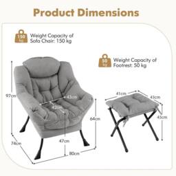 Gymax Lazy Chair Modern Accent Chair With Ottoman & Folding Footrest in Grey - thumbnail 2