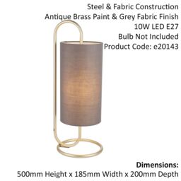 Loops Modern Antique Brass Oval Table Lamp Desk Light & Grey Fabric Cylinder Shade - thumbnail 2