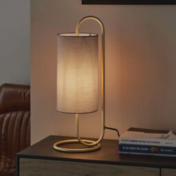 Loops Modern Antique Brass Oval Table Lamp Desk Light & Grey Fabric Cylinder Shade - thumbnail 3