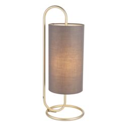 Loops Modern Antique Brass Oval Table Lamp Desk Light & Grey Fabric Cylinder Shade - thumbnail 1