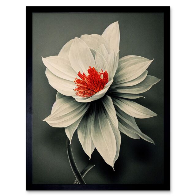 "Artery8 Wall Art Print Realistic Greyscale Macro Flower Floral Bloom with Orange Red Stamen Art Framed in Black - Size: W12"" x H16""" - image 1