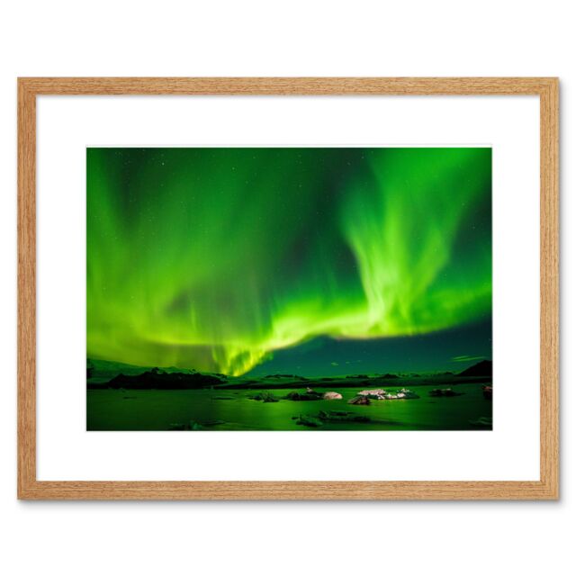 "Artery8 Wall Art Print Northern Lights Aurora Borealis Green Framed in Beige - Size: W7"" x H9""" - image 1