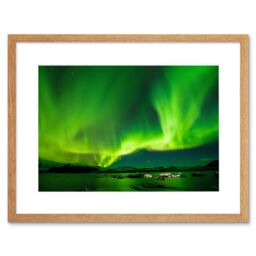 "Artery8 Wall Art Print Northern Lights Aurora Borealis Green Framed in Beige - Size: W7"" x H9""" - thumbnail 1