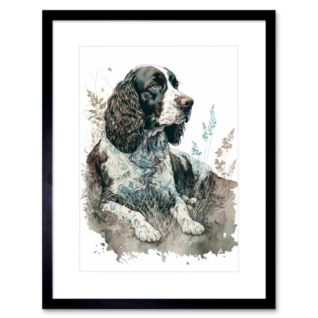 "Artery8 Wall Art Print English Springer Spaniel Dog Lying in Field Modern Watercolour Artwork Framed 9X7 Inch in Black - Size: W7"" x H9""" - image 1
