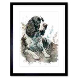 "Artery8 Wall Art Print English Springer Spaniel Dog Lying in Field Modern Watercolour Artwork Framed 9X7 Inch in Black - Size: W7"" x H9""" - thumbnail 1