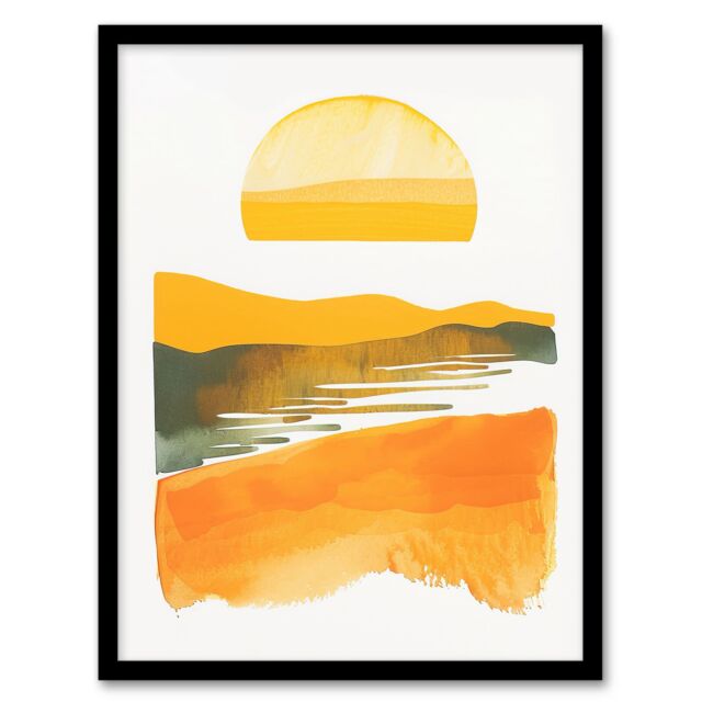 Artery8 Lake Sunset Orange Yellow Abstract Watercolour Framed Art Print - Size: A4 - image 1