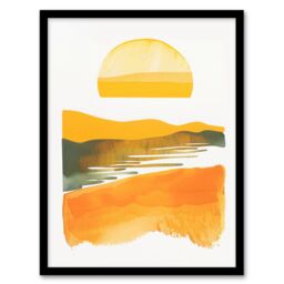 Artery8 Lake Sunset Orange Yellow Abstract Watercolour Framed Art Print - Size: A4 - thumbnail 1