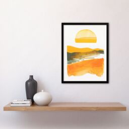 Artery8 Lake Sunset Orange Yellow Abstract Watercolour Framed Art Print - Size: A4 - thumbnail 4
