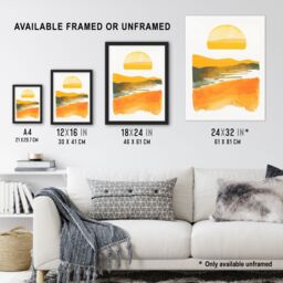 Artery8 Lake Sunset Orange Yellow Abstract Watercolour Framed Art Print - Size: A4 - thumbnail 3