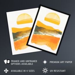 Artery8 Lake Sunset Orange Yellow Abstract Watercolour Framed Art Print - Size: A4 - thumbnail 2