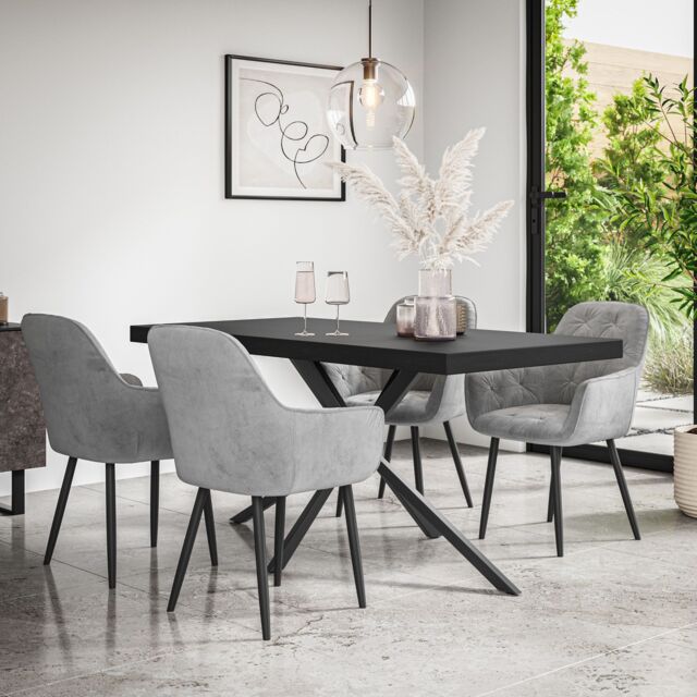 More4Homes Donni Dining Table & Chairs - Black Table Top w Black Legs + Anika Velvet Dining Chair Set Of 6 in Grey - image 1
