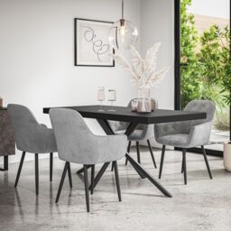 More4Homes Donni Dining Table & Chairs - Black Table Top w Black Legs + Anika Velvet Dining Chair Set Of 6 in Grey - thumbnail 1